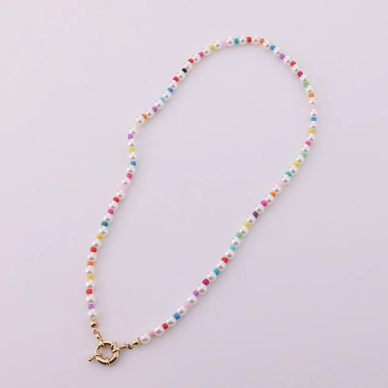 Colorful Rice Bead Necklace Geometric Round Pearl Necklace