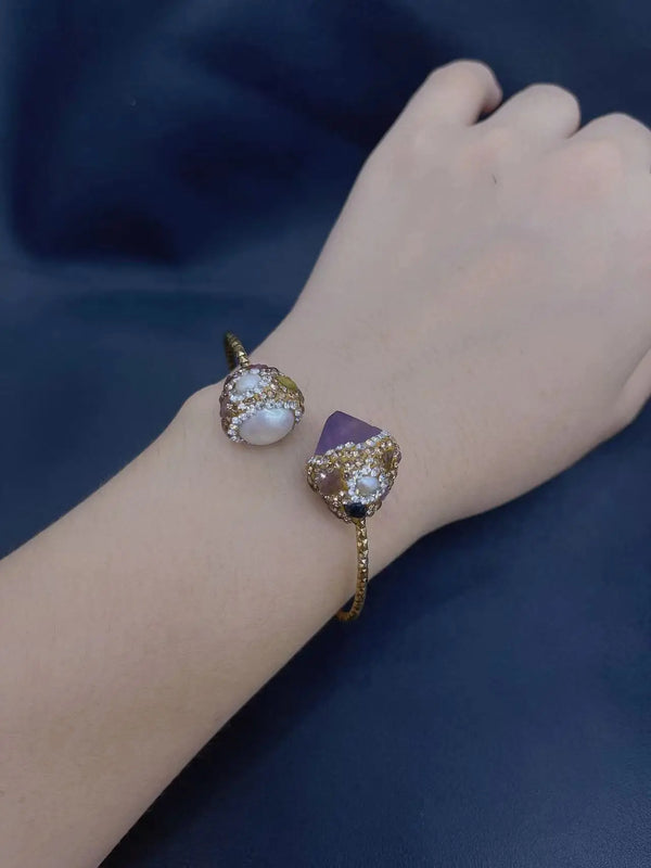 Amethyst Pearls Rhinestone Bracelet Adjustable Bangle
