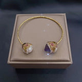 Amethyst Pearls Rhinestone Bracelet Adjustable Bangle