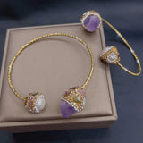 Amethyst Pearls Rhinestone Bracelet Adjustable Bangle