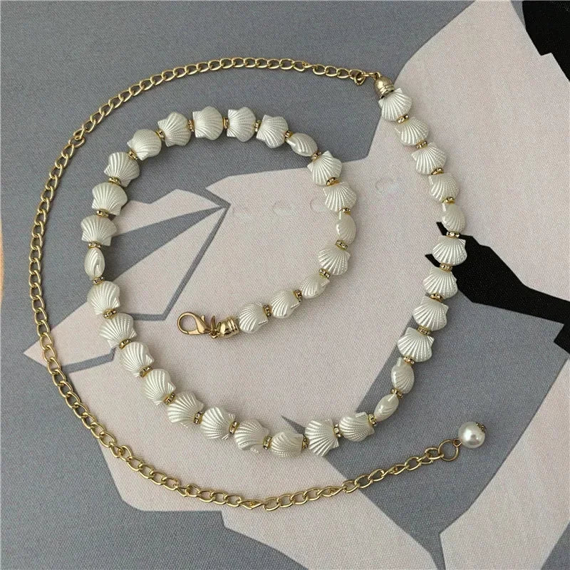 Pearl Shell Chain Belt Metal Thin Slim Waist Belts Dress Skirt Wild Waistbands