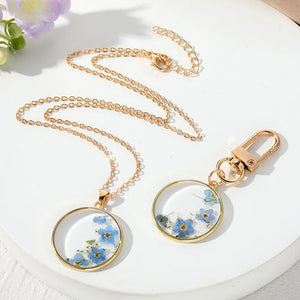 Pressed Flower Forget-me-nots Keychain Necklace Set Real Dried Flower Jewelry