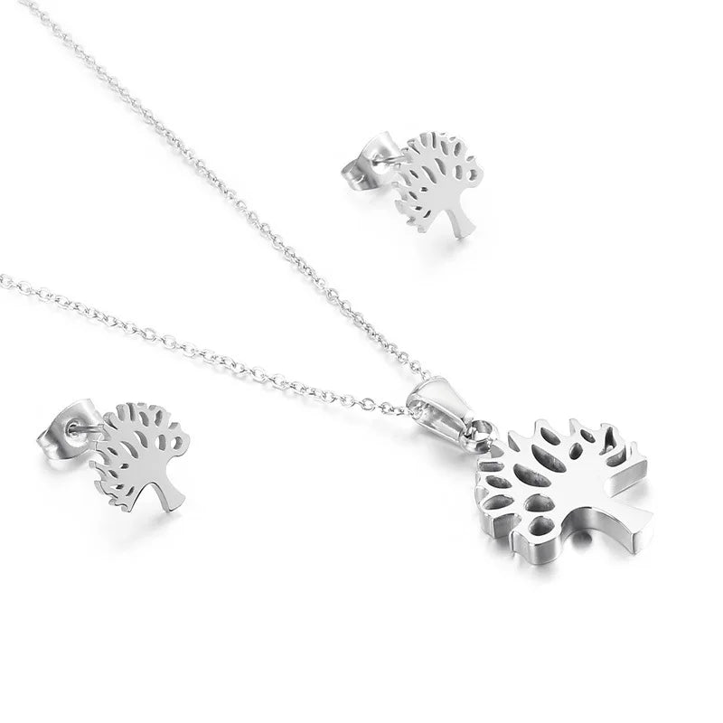Silver Stainless Steel Plant Pendant Necklace Set