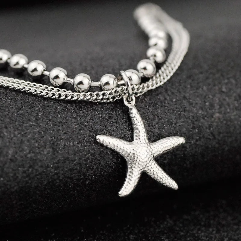 Women Sliver Double Bead Starfish Bracelet Chain Gift Jewelry