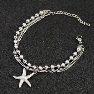 Women Sliver Double Bead Starfish Bracelet Chain Gift Jewelry