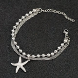 Women Sliver Double Bead Starfish Bracelet Chain Gift Jewelry