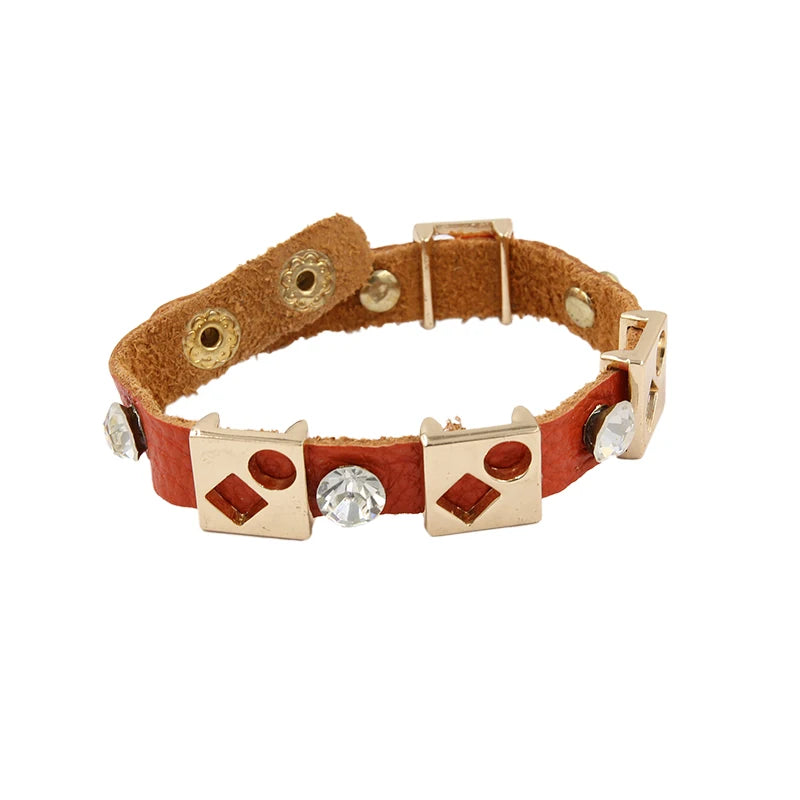 Women Geometric Metal Beads Orange PU Leather Bracelet Crystal