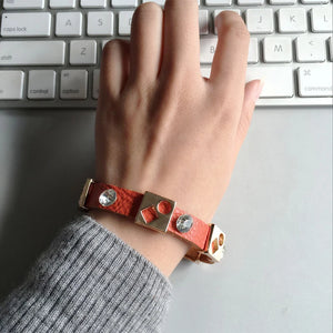 Women Geometric Metal Beads Orange PU Leather Bracelet Crystal