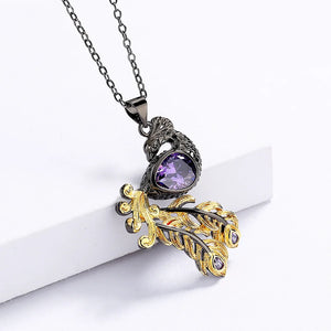 925 Silver Necklace Purple Zircon Peacock Pendant Two-tone Sweater Chain
