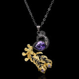 925 Silver Necklace Purple Zircon Peacock Pendant Two-tone Sweater Chain