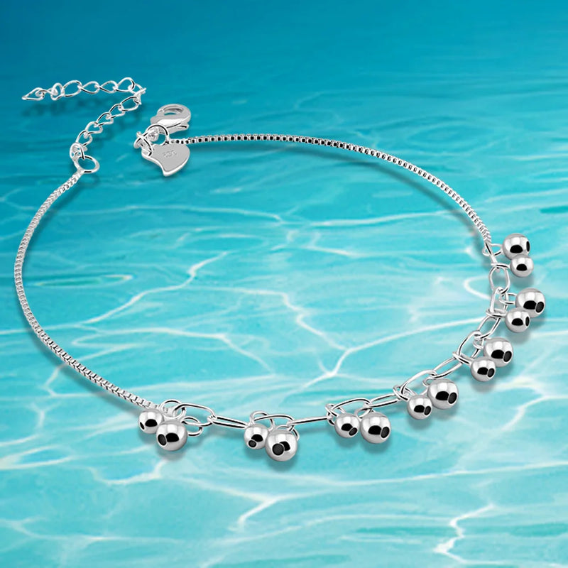 925 Sterling Silver Beaded Anklet Lucky Balls Foot Jewelry