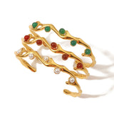 Vintage Green Red Stone Pearl Bracelet, C-shaped Open Titanium Jewelry