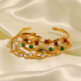Vintage Green Red Stone Pearl Bracelet, C-shaped Open Titanium Jewelry