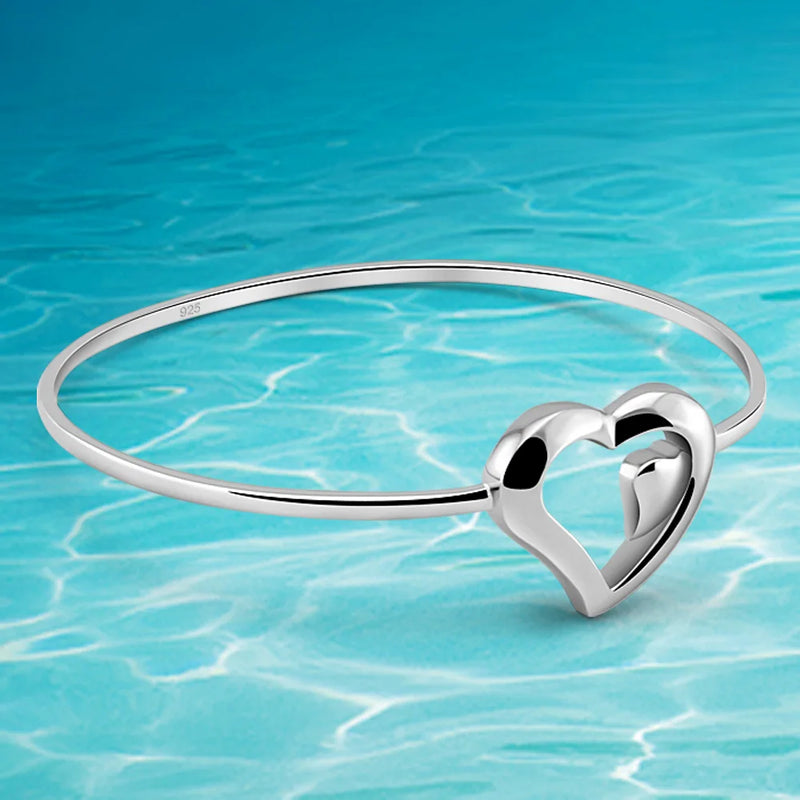 Heart Bracelet Charm Bangle 925 Sterling Silver Jewelry