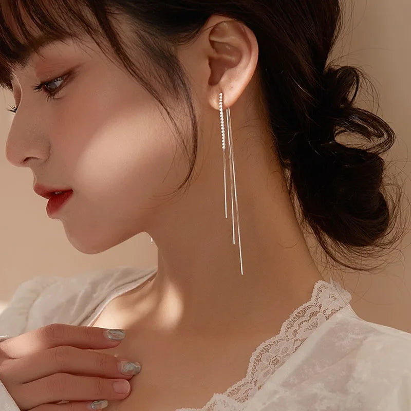 925 Sterling Silver Zircon Tassel Earrings Wedding Accessories