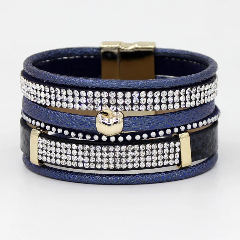 Women's Multi-layer Bangle Bracelet Splice Leather Rope Rhinestone Wrap