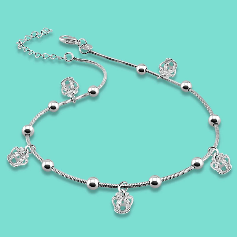 925 Silver Anklet Crown Ankle Bracelet Solid Chain Beach Jewelry