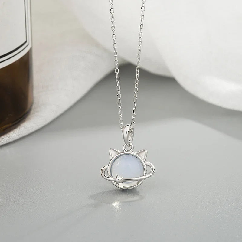 Cat Ear Moonstone Planet Pendant Necklace