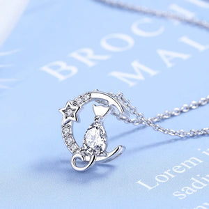 Women's S925 Silver Zircon Cat Star Pendant Necklace