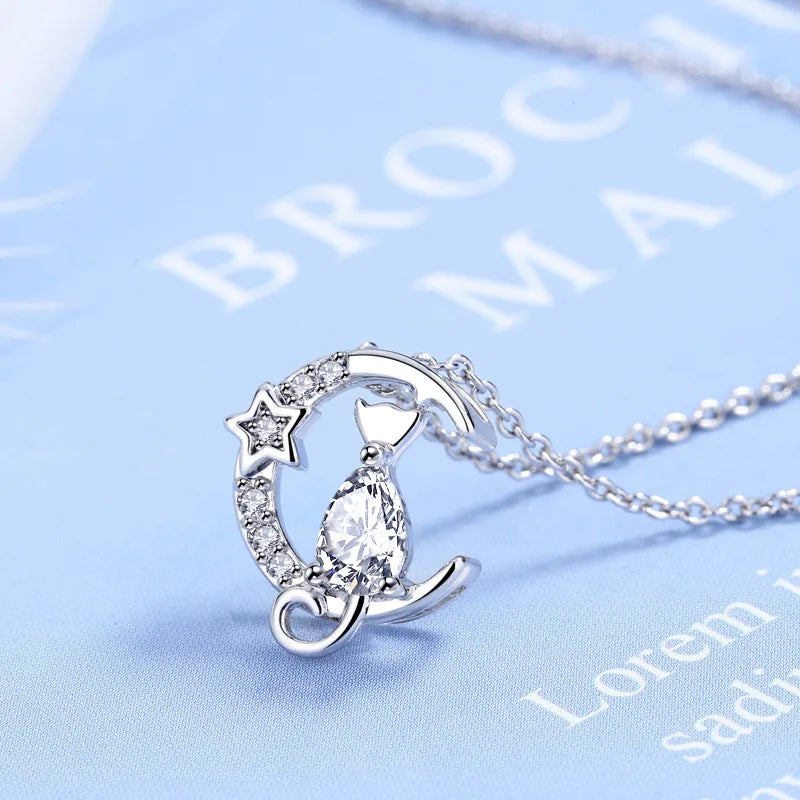 Women's S925 Silver Zircon Cat Star Pendant Necklace