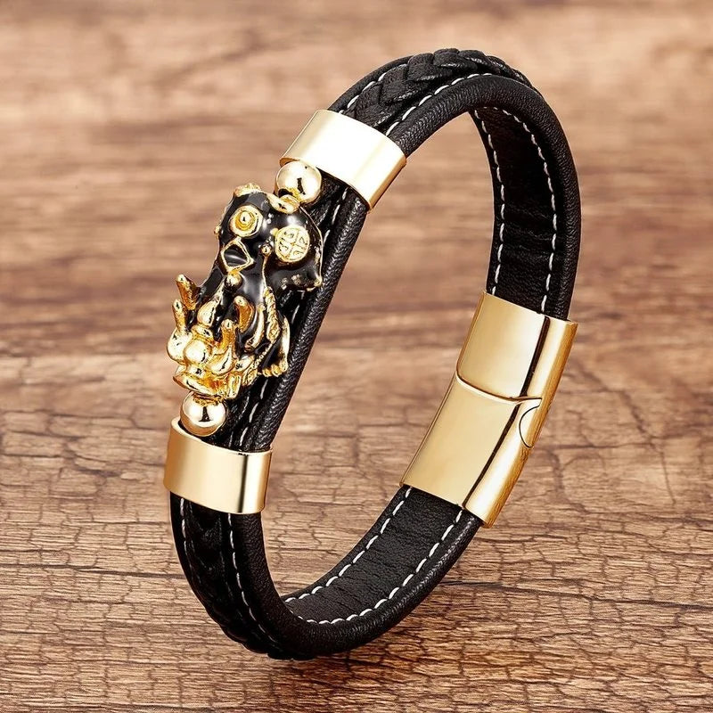Single-layer Discoloration Pixiu Metal Leather Cord Bracelet
