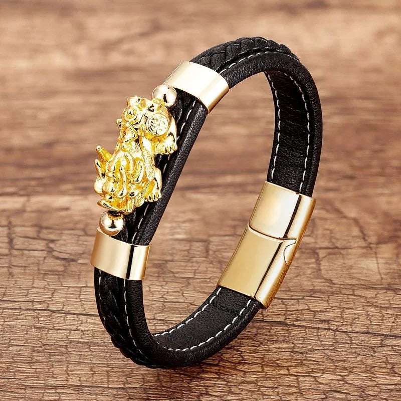 Single-layer Discoloration Pixiu Metal Leather Cord Bracelet