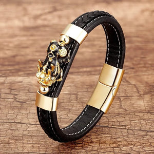 Single-layer Discoloration Pixiu Metal Leather Cord Bracelet