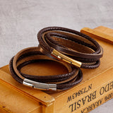Brown Leather Bracelet Stainless Steel Clasp Braided