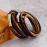 Brown Leather Bracelet Stainless Steel Clasp Braided