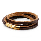 Brown Leather Bracelet Stainless Steel Clasp Braided