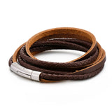 Brown Leather Bracelet Stainless Steel Clasp Braided