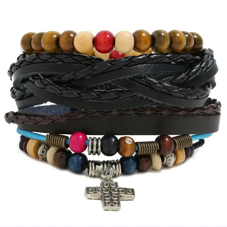Vintage Leather Multi-layer Wide Wristband Bracelet Set