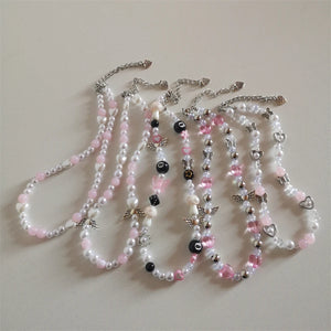 Y2K Pearls Pink Beaded Necklace Women Choker Glass Beaded Jewelry