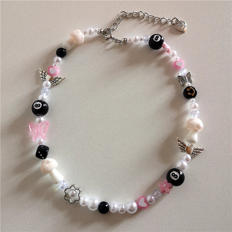 Y2K Pearls Pink Beaded Necklace Women Choker Glass Beaded Jewelry