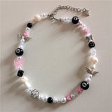 Y2K Pearls Pink Beaded Necklace Women Choker Glass Beaded Jewelry