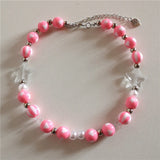 Y2K Pearls Pink Beaded Necklace Women Choker Glass Beaded Jewelry