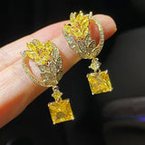 Yellow Crystal Wheat Drop Earrings Zircon Dangler 925 Silver Party Jewelry