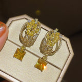 Yellow Crystal Wheat Drop Earrings Zircon Dangler 925 Silver Party Jewelry