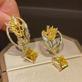 Yellow Crystal Wheat Drop Earrings Zircon Dangler 925 Silver Party Jewelry