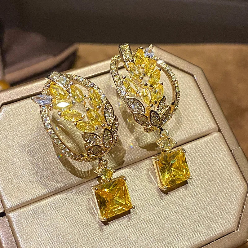 Yellow Crystal Wheat Drop Earrings Zircon Dangler 925 Silver Party Jewelry