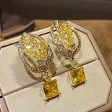 Yellow Crystal Wheat Drop Earrings Zircon Dangler 925 Silver Party Jewelry