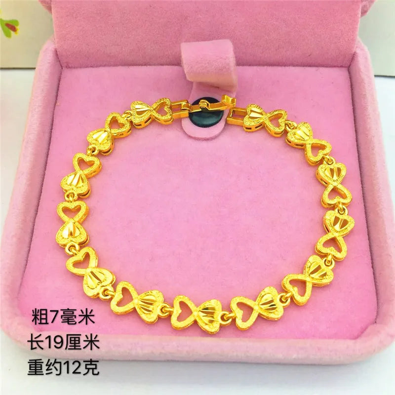 Yellow 14K Heart Linked Bracelet for Women Wedding Jewelry