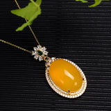 Yellow Jade Egg Pendant With Zircon Emerald Charms Necklace