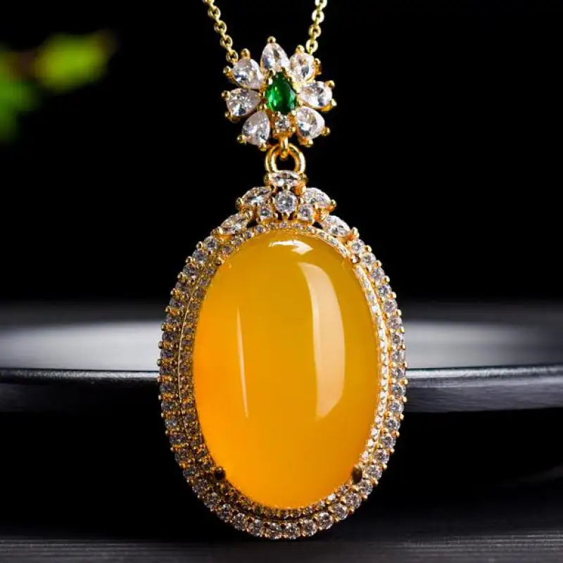 Yellow Jade Egg Pendant With Zircon Emerald Charms Necklace