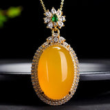 Yellow Jade Egg Pendant With Zircon Emerald Charms Necklace