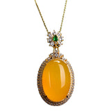 Yellow Jade Egg Pendant With Zircon Emerald Charms Necklace