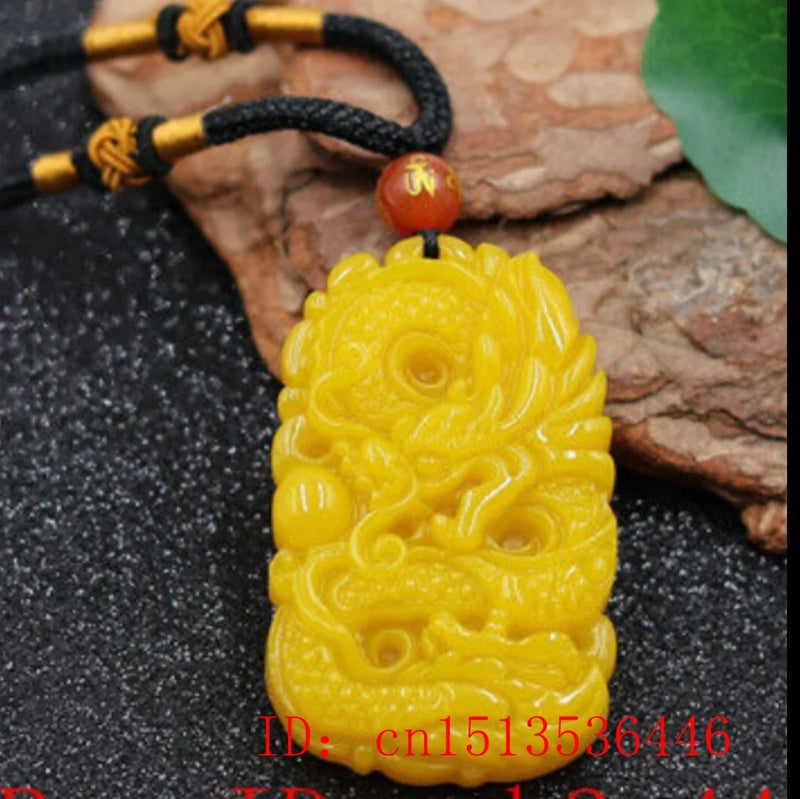 Yellow Jade Zodiac Dragon Pendant Necklace Chinese Hand-Carved Relax Healing