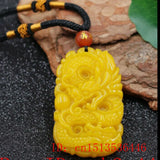 Yellow Jade Zodiac Dragon Pendant Necklace Chinese Hand-Carved Relax Healing
