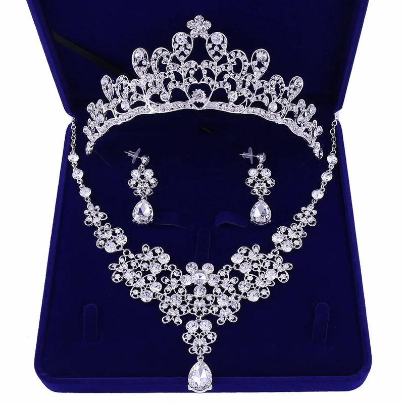 Zircon Bridal Jewelry Sets Wedding Crown Necklace Earrings Pin