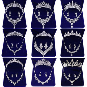 Zircon Bridal Jewelry Sets Wedding Crown Necklace Earrings Pin